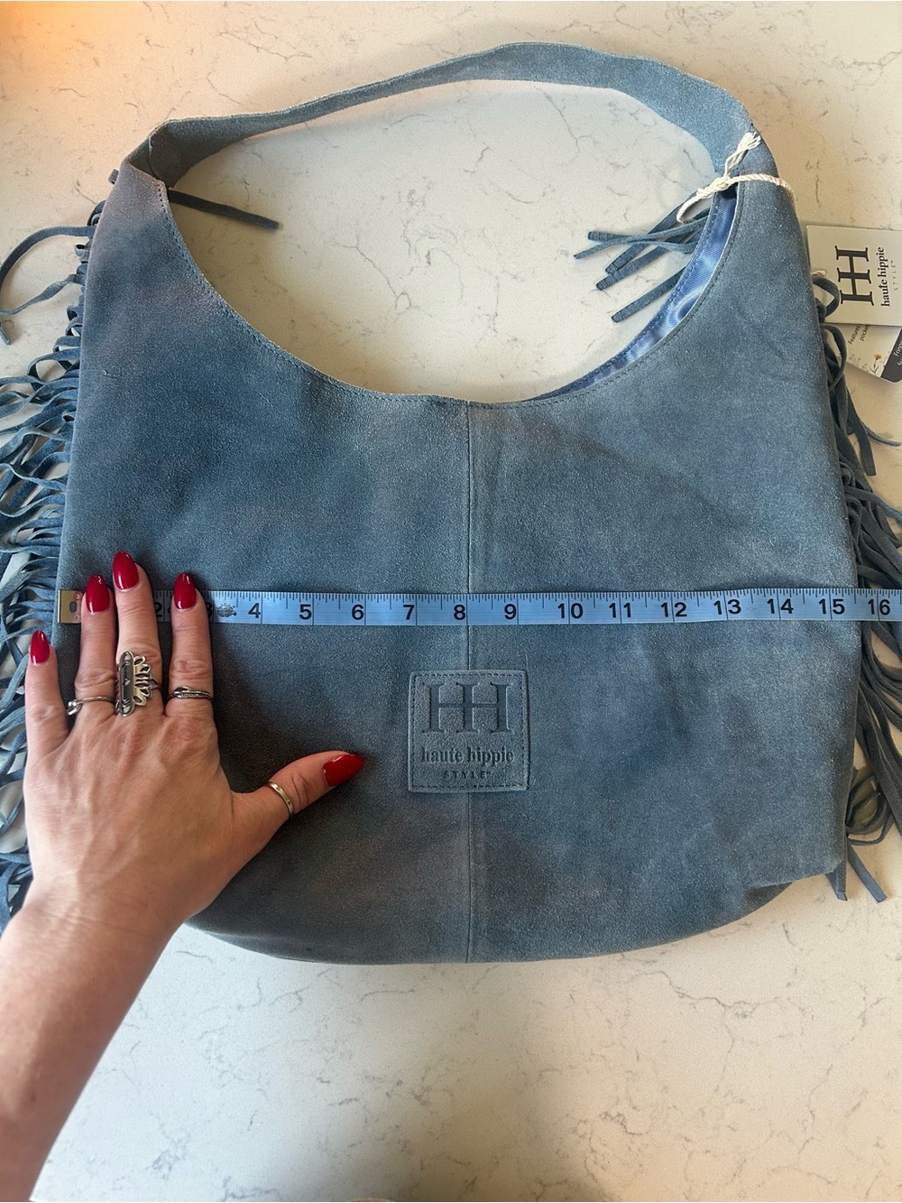 NWT Haute Hippie Festive Light Blue Suede Fringe Hobo Shoulder Bag - Picture 16 of 16
